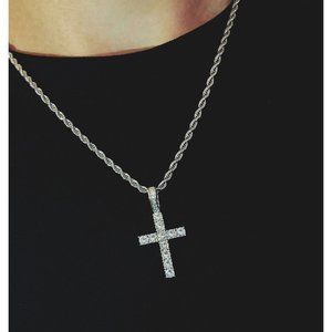 4mm Diamond Cross Necklace, CZ Stone Cross Pendant Necklace, Rope Chain Necklace